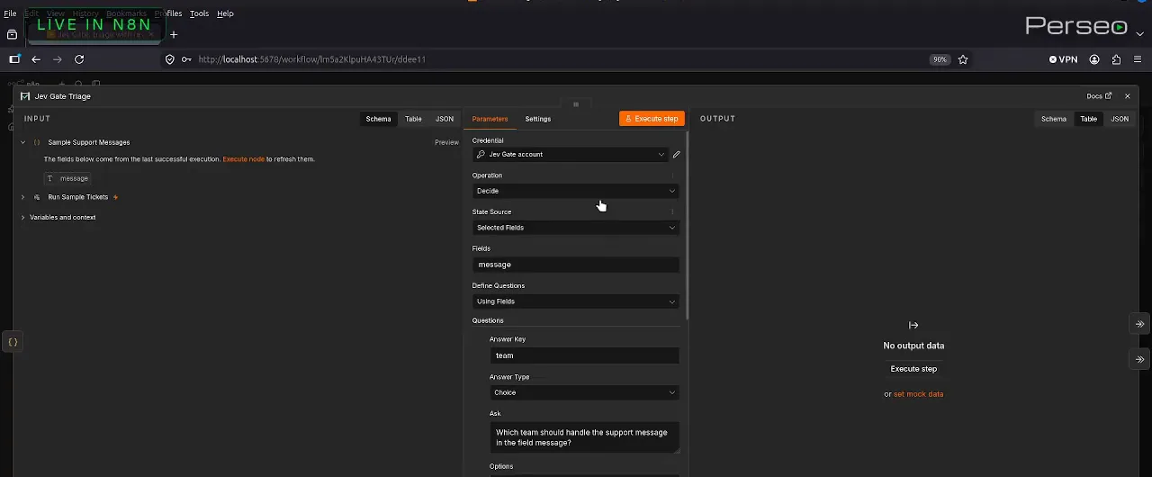 Jev Gate Triage node parameters in n8n with Operation set to Decide, Fields set to message, Answer Key set to team and Answer Type set to Choices for the team-routing question