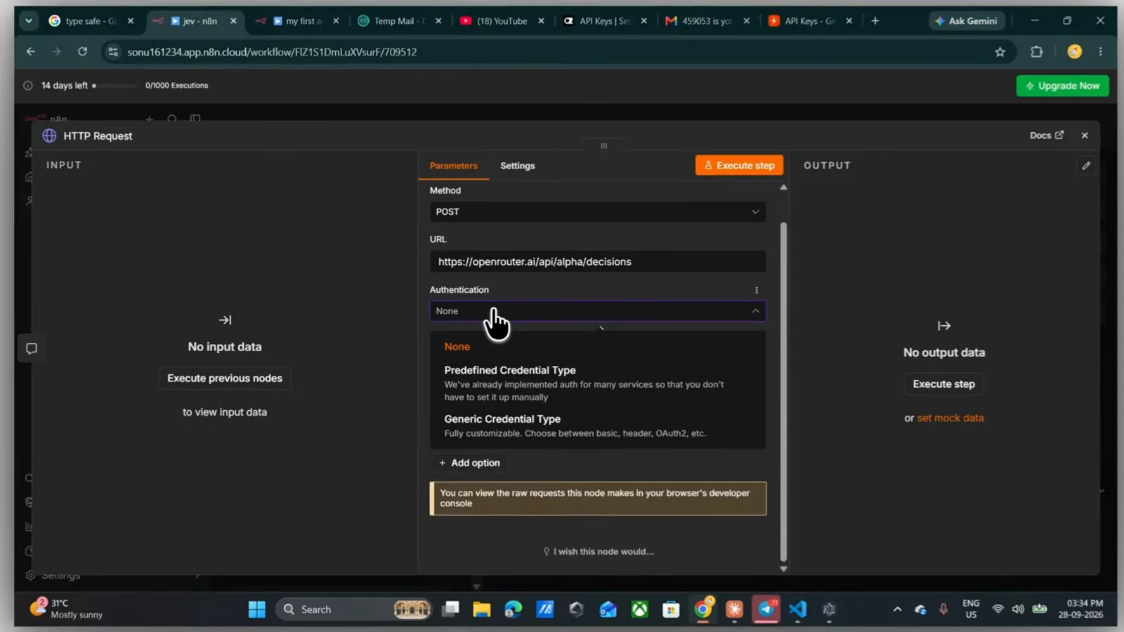 n8n HTTP Request node configured with a POST to openrouter.ai/api/alpha/decisions and the Authentication dropdown open between None, Predefined Credential Type and Generic Credential Type
