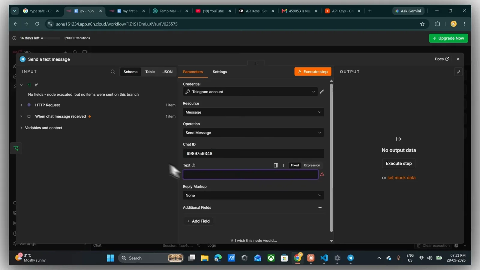 Telegram Send a text message node in n8n carrying a connected Telegram account credential, Chat ID 6989758348 and a Text field mapped from the chat input