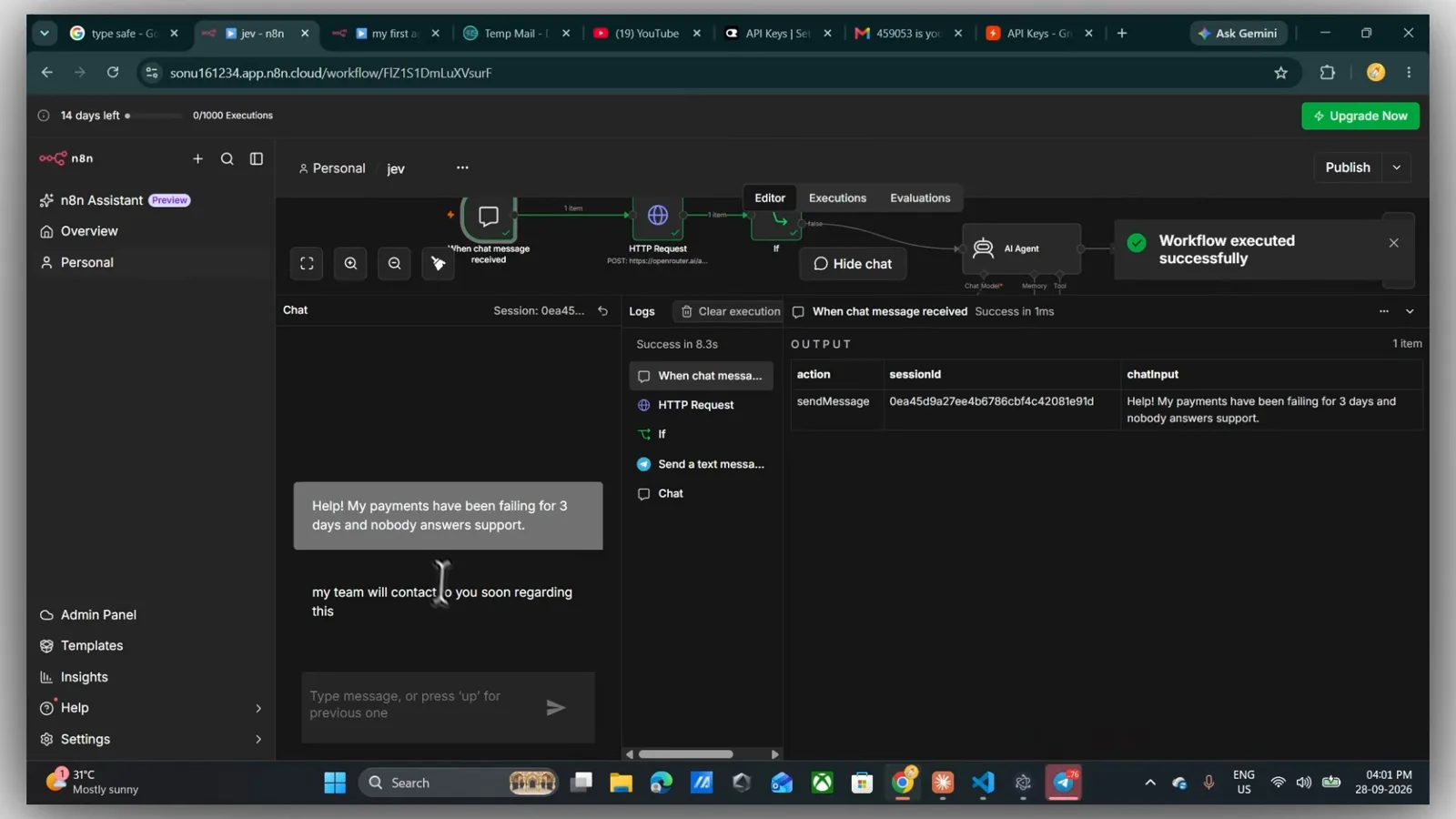 n8n execution log listing When chat message received, HTTP Request and Send a text message as succeeded next to a Workflow executed successfully badge and the agent reply in chat