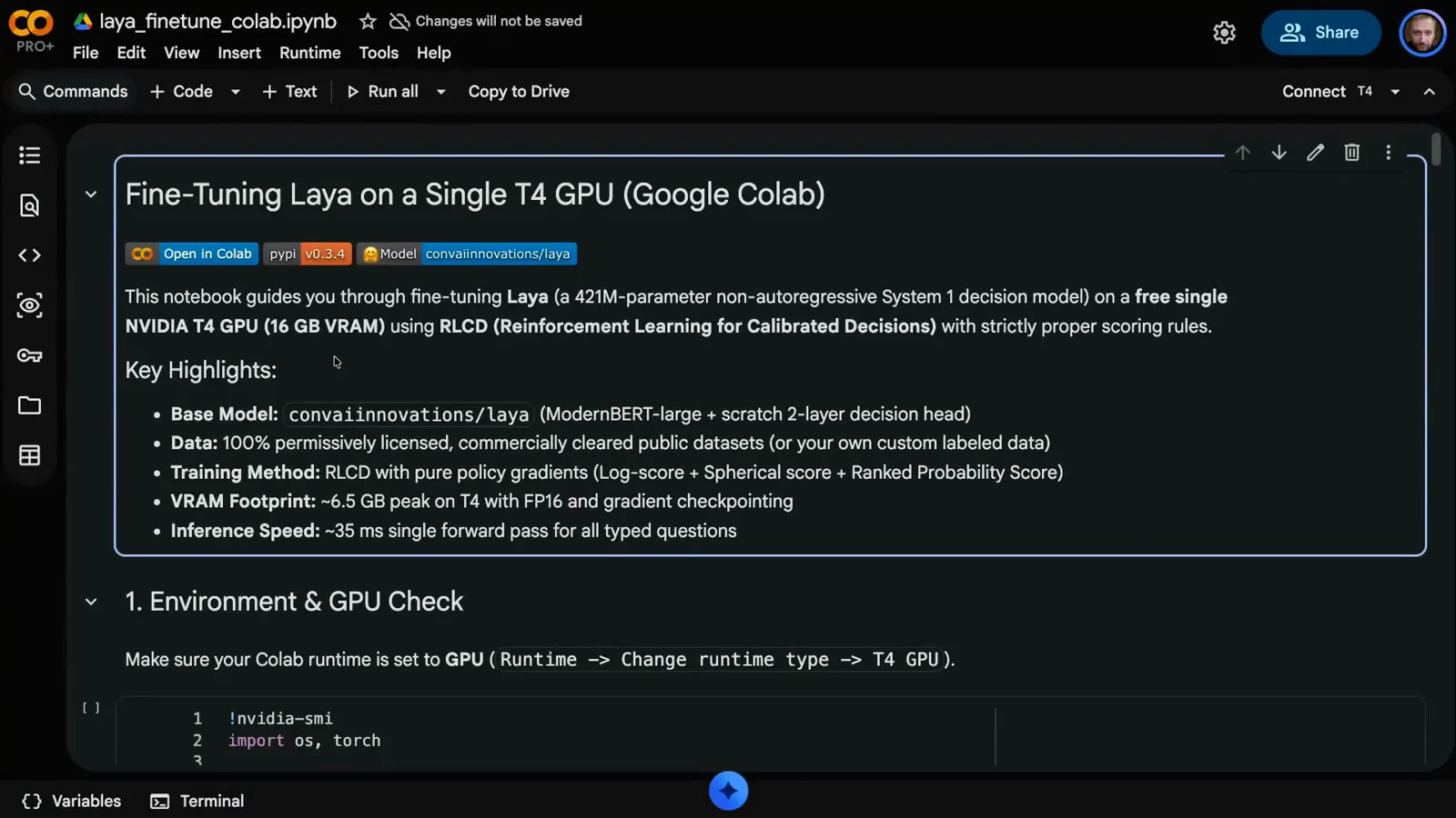 Google Colab notebook for fine-tuning Laya, a 421M-parameter ModernBERT-large decision model, on a free NVIDIA T4 GPU with a 6.5 GB VRAM footprint and roughly 35 ms single-forward-pass inference. Google Colab notebook for fine-tuning Laya, a 421M-parameter ModernBERT-large decision model, on a free NVIDIA T4 GPU with a 6.5 GB VRAM footprint and roughly 35 ms single-forward-pass inference.