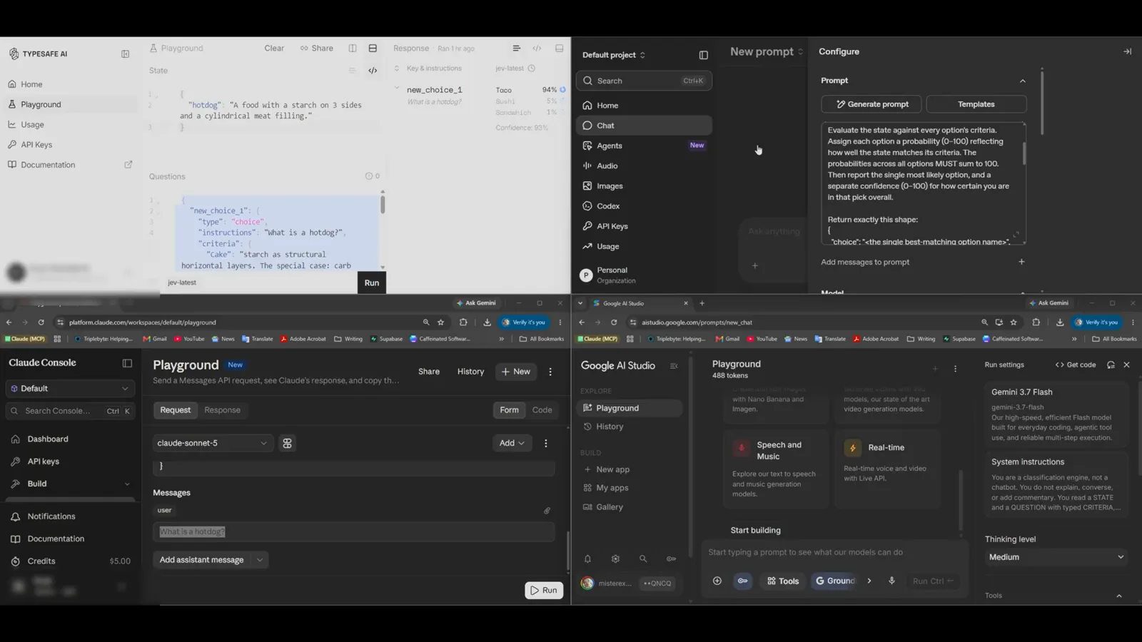 Four-way playground comparison with TypeSafe, OpenAI, Claude Console, and Google AI Studio answering the same hotdog prompt, showing the shared Configure prompt and the claude-sonnet-5 model dropdown.