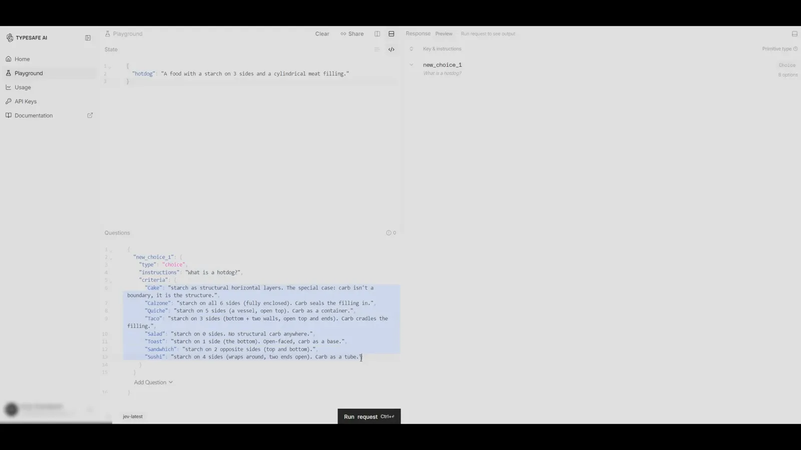 TypeSafe Playground editor holding a hotdog state definition and a Choice question whose criteria describe all eight cube-rule options from Cake to Sushi.