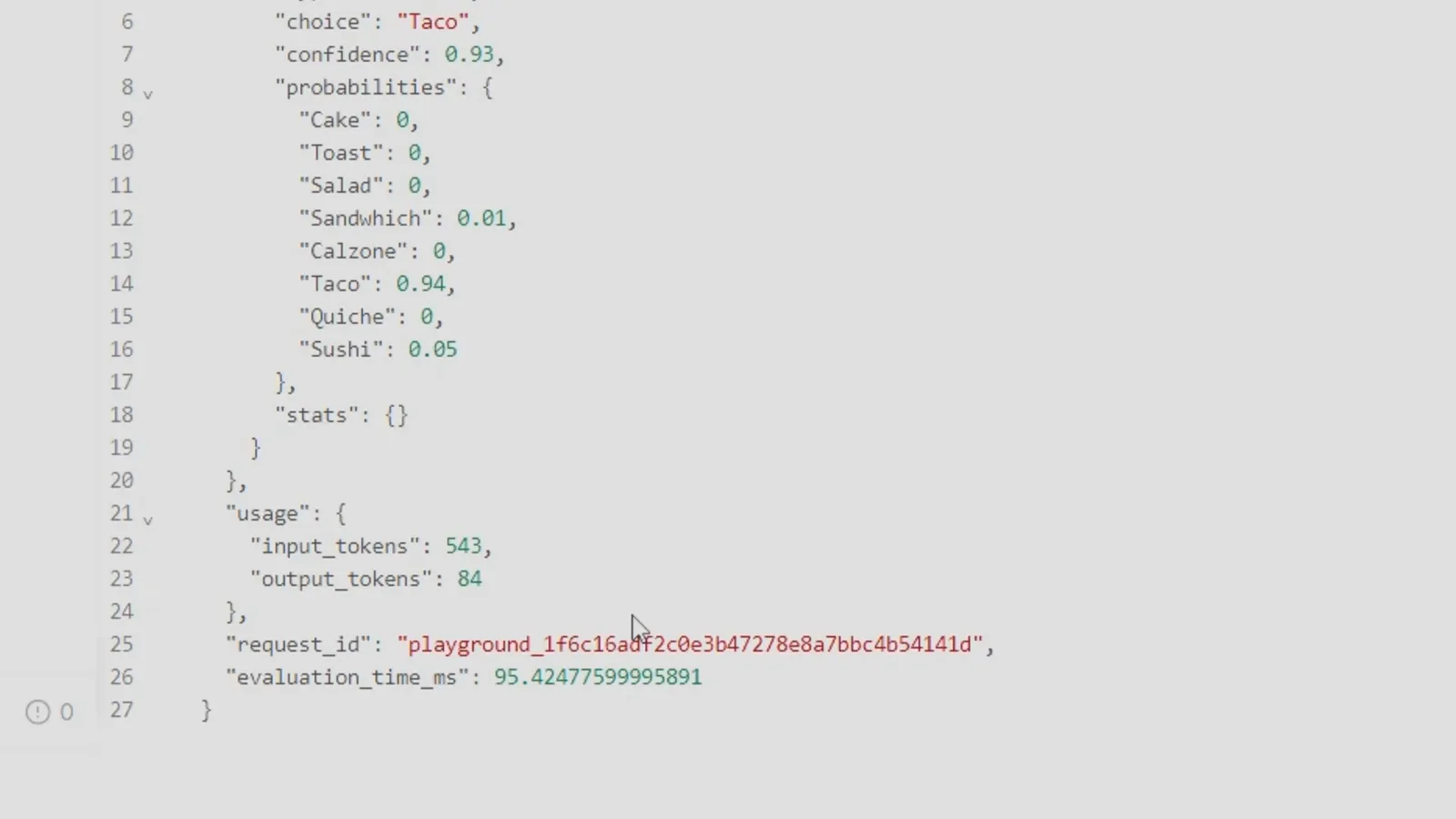 Raw JSON from a Jev playground run: choice Taco, confidence 0.93, usage of 543 input and 84 output tokens, and an evaluation_time_ms near 95 milliseconds.