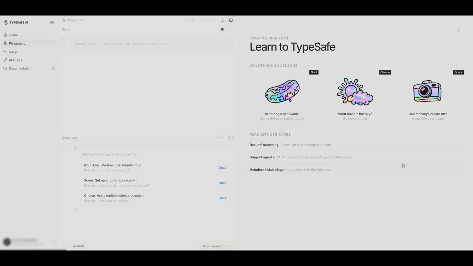 TypeSafe AI console Playground showing the Learn to TypeSafe panel with Noul, Choice, and Score walkthrough lessons beside real-life use cases like resume screening and helpdesk ticket triage.