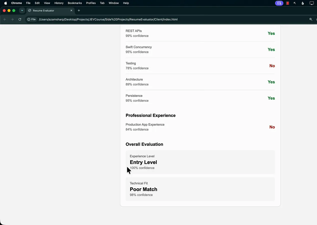 Entry Level experience rating at 100 percent confidence with a Poor Match technical fit verdict in the Resume Evaluator results card