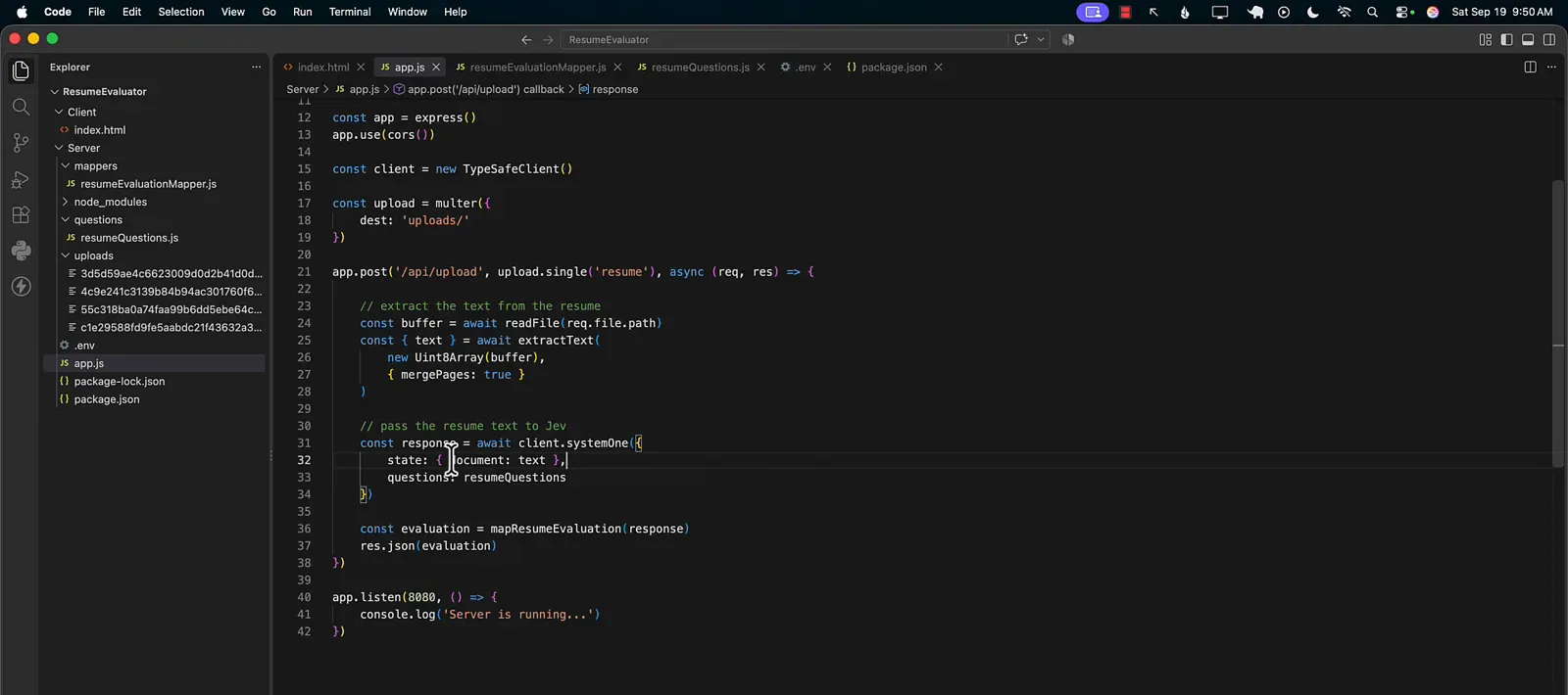 Express app.js upload endpoint calling readPdf, extractText with mergePages true, and client.systemOne with the resume text and resumeQuestions before mapResumeEvaluation