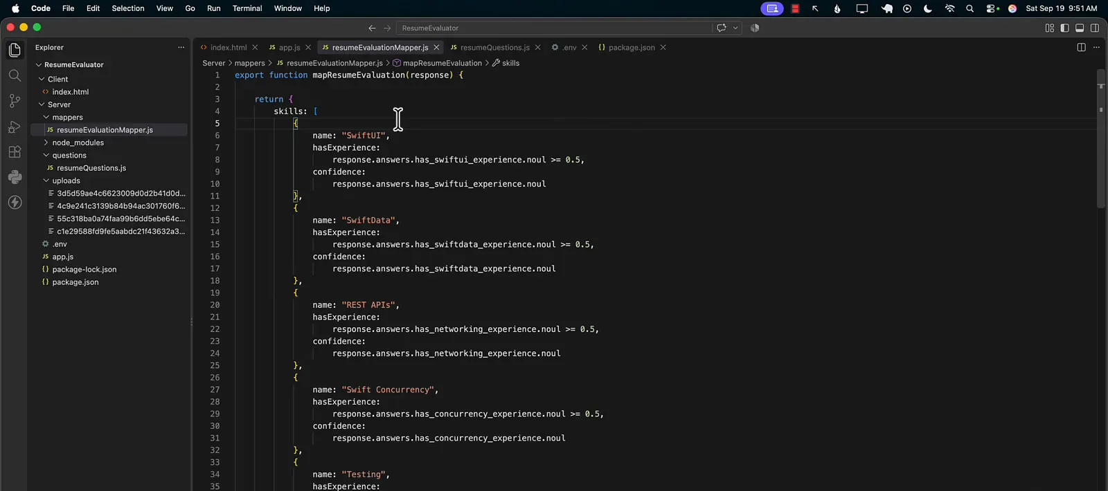 mapResumeEvaluation function converting response.answers.has_swiftui_experience.noul into a boolean with a 0.5 threshold and copying the same noul value as the confidence