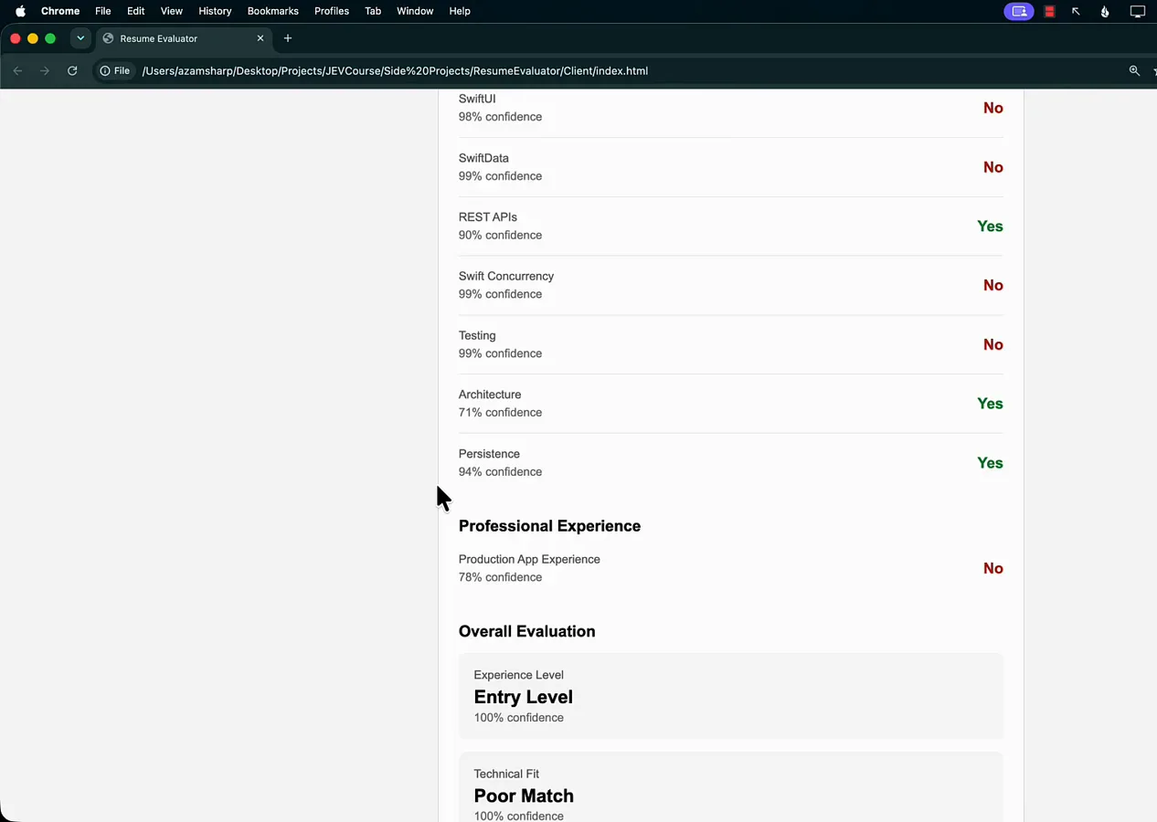 Resume Evaluation results for a Python developer resume showing SwiftUI and SwiftData marked No while REST APIs, Architecture, and Persistence stay Yes