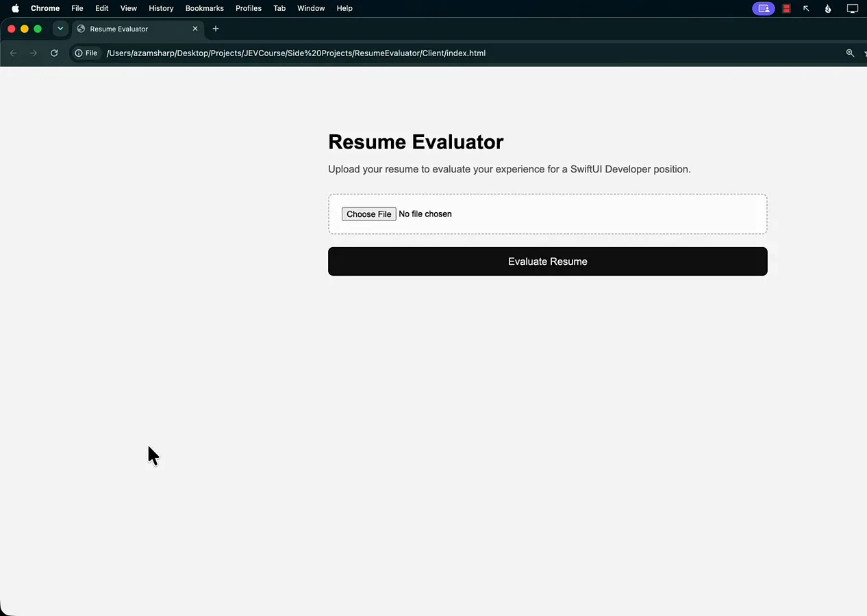 Resume Evaluator upload screen with a Choose File input and an Evaluate Resume button under the heading upload your resume to evaluate your experience for a SwiftUI Developer position