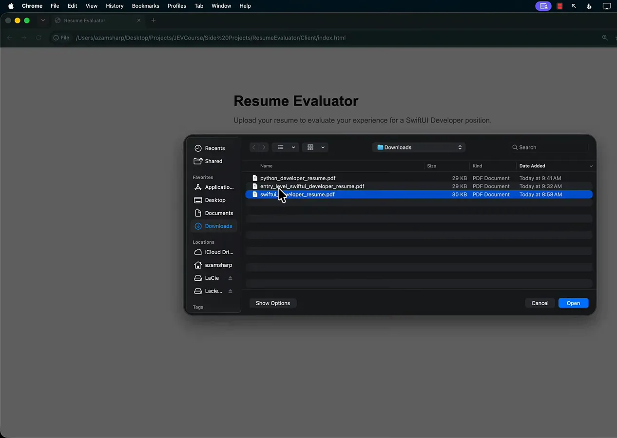 macOS file picker listing python_developer_resume.pdf, entry_level_swiftui_developer_resume.pdf, and swiftui_developer_resume.pdf in the Downloads folder with the senior resume highlighted