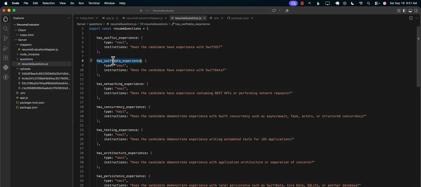 resumeQuestions.js file defining eight type noul questions including has_swiftui_experience, has_swiftdata_experience, and has_persistence_experience with one-sentence instructions