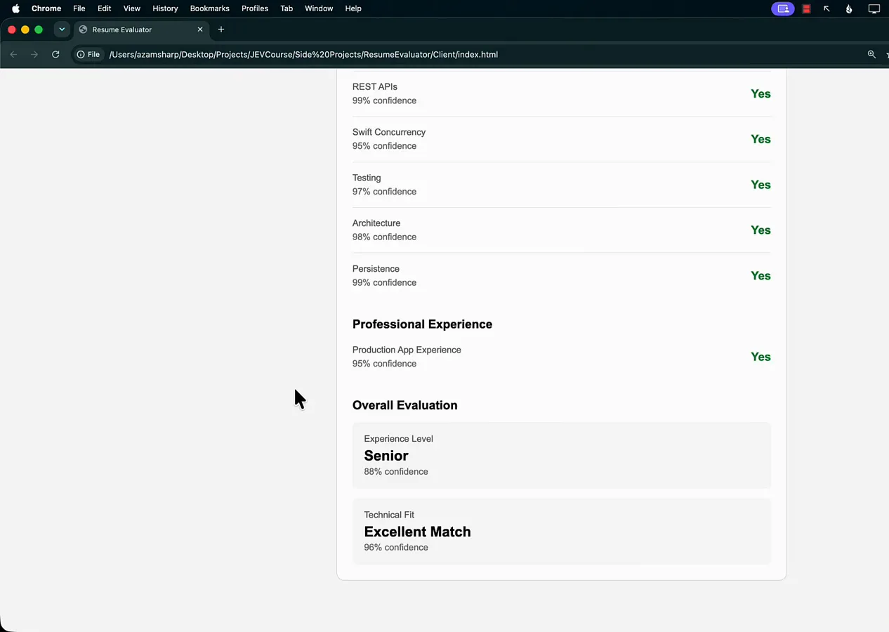 Overall Evaluation panel showing Experience Level Senior at 88 percent confidence and Technical Fit Excellent Match at 95 percent confidence in the Resume Evaluator results