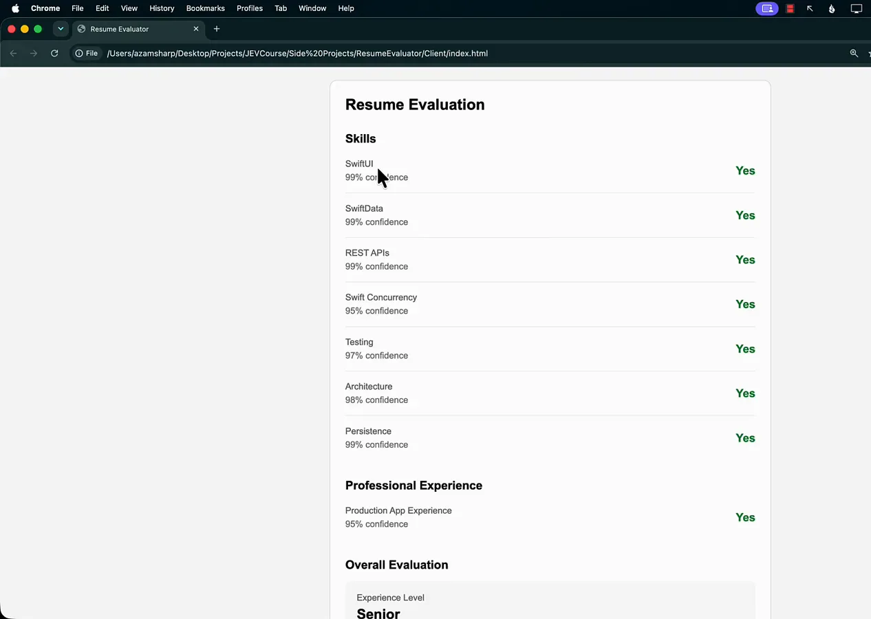 Resume Evaluation card listing SwiftUI, SwiftData, REST APIs, Swift Concurrency, Testing, Architecture, and Persistence all marked Yes with 95 to 99 percent confidence for a senior resume