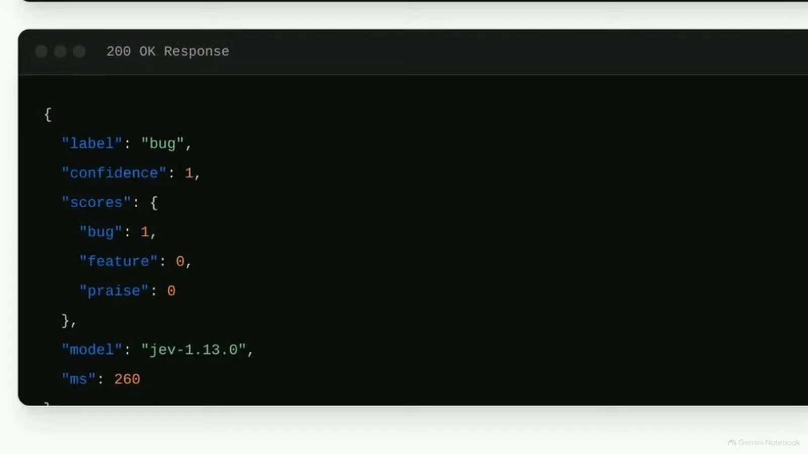 200 OK response from the Jev classification API returning label bug with confidence 1, a scores object of per-label probabilities, model jev-1.13.0, and 260 ms latency. 200 OK response from the Jev classification API returning label bug with confidence 1, a scores object of per-label probabilities, model jev-1.13.0, and 260 ms latency.