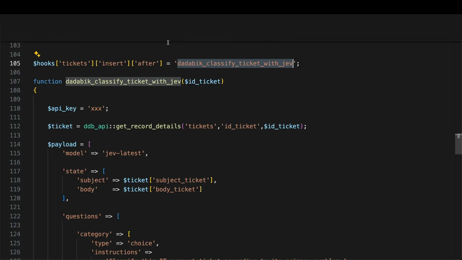 PHP code registering dadaBik_classify_ticket_with_jev as the after-insert hook for the tickets table and building the payload state with subject and body