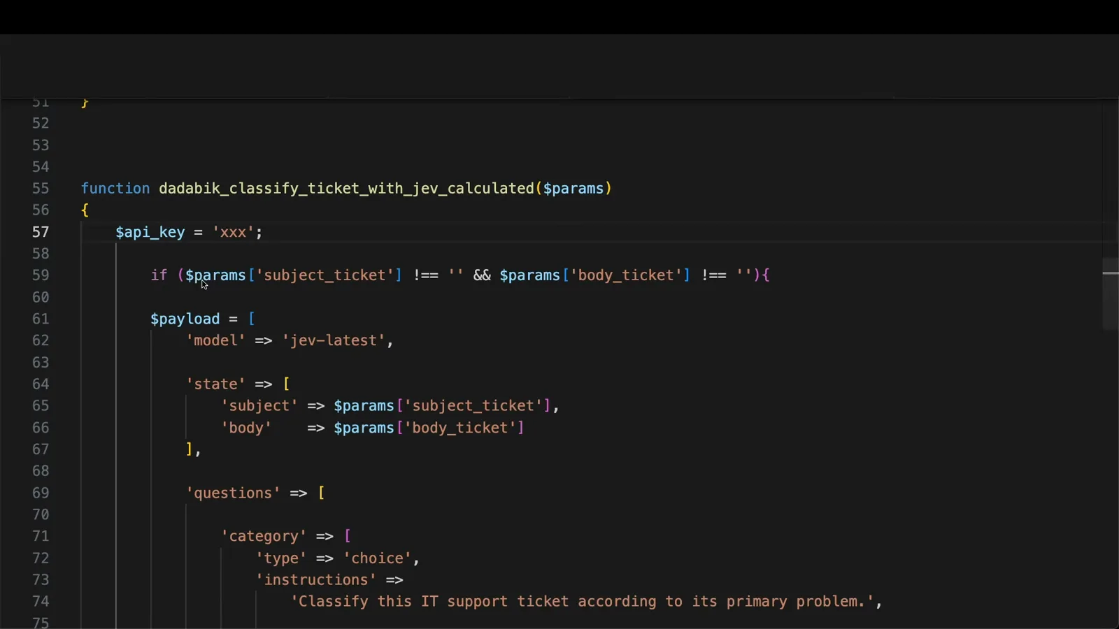 Calculated field function dadaBik_classify_ticket_with_jev_calculated receiving subject and body params and rebuilding the Jev category question