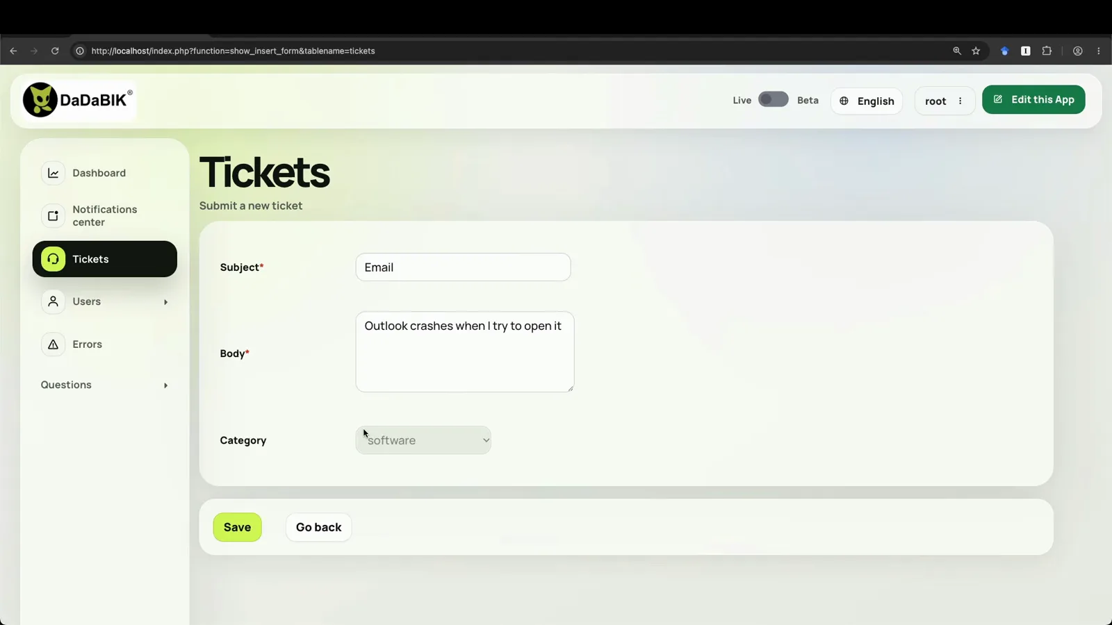 DaDABIK insert form classifying the Outlook crash ticket as software in the category dropdown while the body text is being typed