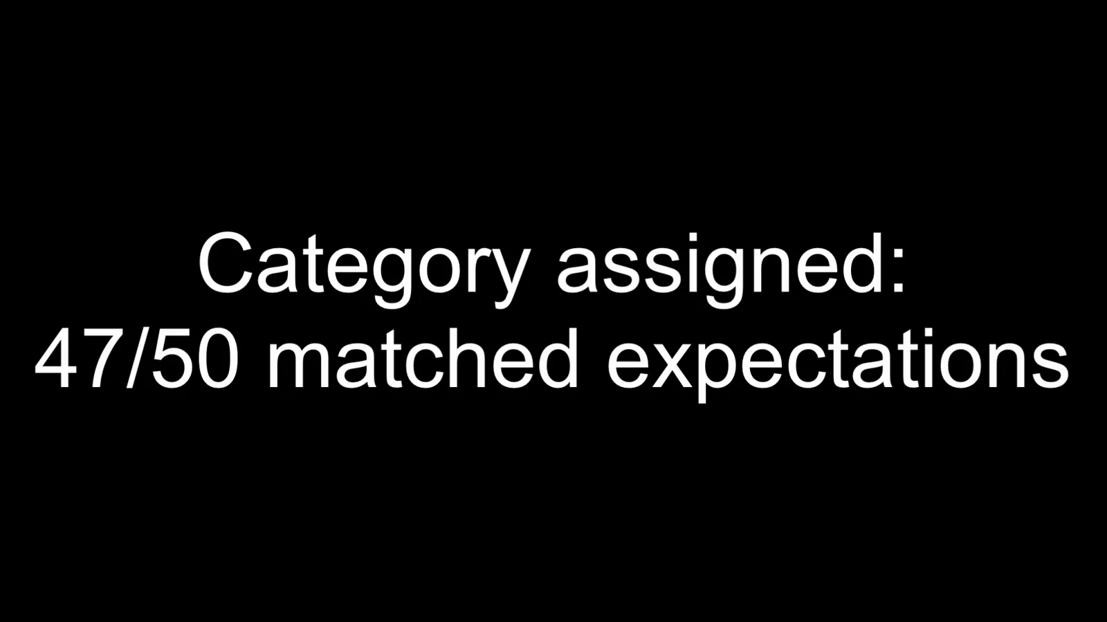 Accuracy card reporting category assigned with 47 of 50 tickets matching expectations after the Jev classification run