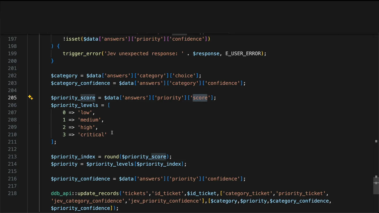 PHP parsing code reading the category choice and confidence, rounding the priority score into a label, and calling update_records on the tickets table
