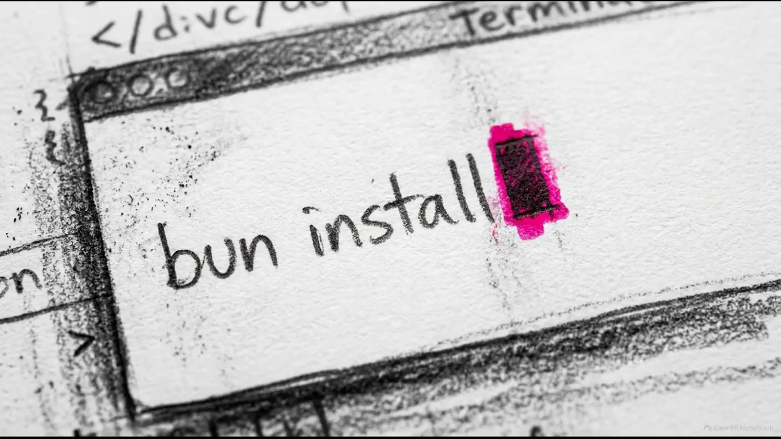 Hand-drawn terminal window running the bun install command with a magenta cursor block, the only supported installer for the Jev Trader repository cloned from GitHub. Hand-drawn terminal window running the bun install command with a magenta cursor block, the only supported installer for the Jev Trader repository cloned from GitHub.