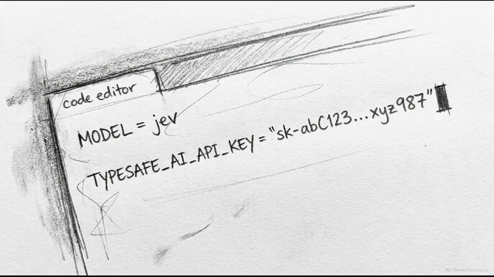 Code editor card listing MODEL = jev and TYPESAFE_AI_API_KEY = "sk-abc123...xyz987" as the two decisive lines of the Jev Trader .env configuration. Code editor card listing MODEL = jev and TYPESAFE_AI_API_KEY = "sk-abc123...xyz987" as the two decisive lines of the Jev Trader .env configuration.