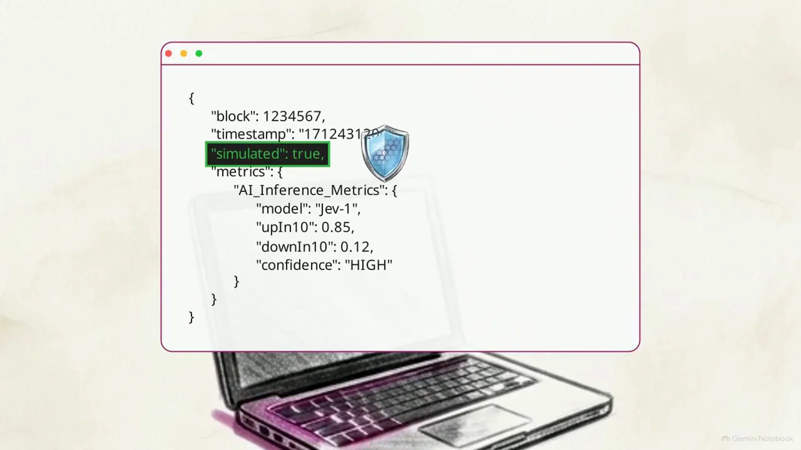 SSE telemetry JSON from the Jev Trader bot highlighting "simulated": true with a shield badge next to AI_Inference_Metrics showing model jev-1, upIn10 0.85, downIn10 0.12, and confidence HIGH for block 1234567. SSE telemetry JSON from the Jev Trader bot highlighting "simulated": true with a shield badge next to AI_Inference_Metrics showing model jev-1, upIn10 0.85, downIn10 0.12, and confidence HIGH for block 1234567.