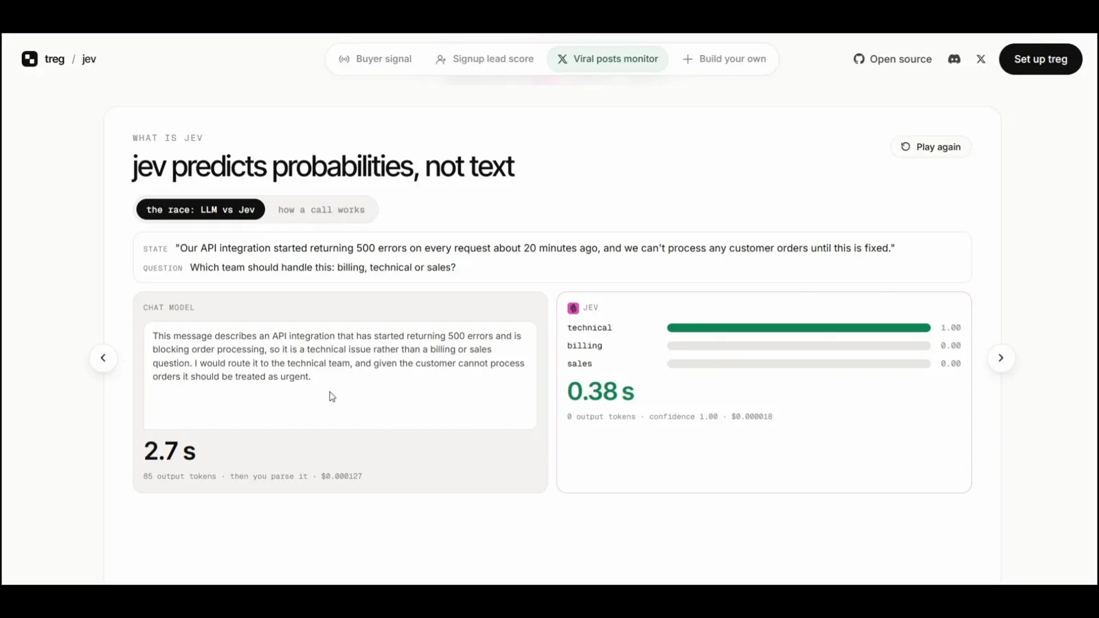 Treg and Jev comparison screen showing a typed Jev classification result with probabilities beside a generative chat-model response. Treg and Jev comparison screen showing a typed Jev classification result with probabilities beside a generative chat-model response.