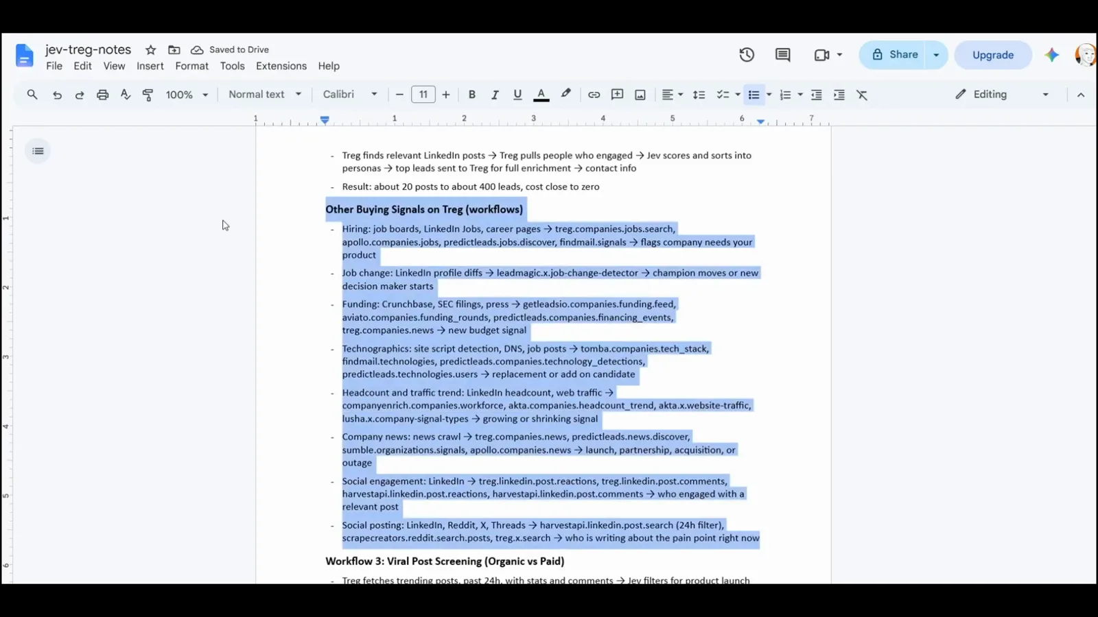 Treg and Jev workflow notes listing company, job, funding, and social-engagement signals next to a linked workflow repository. Treg and Jev workflow notes listing company, job, funding, and social-engagement signals next to a linked workflow repository.