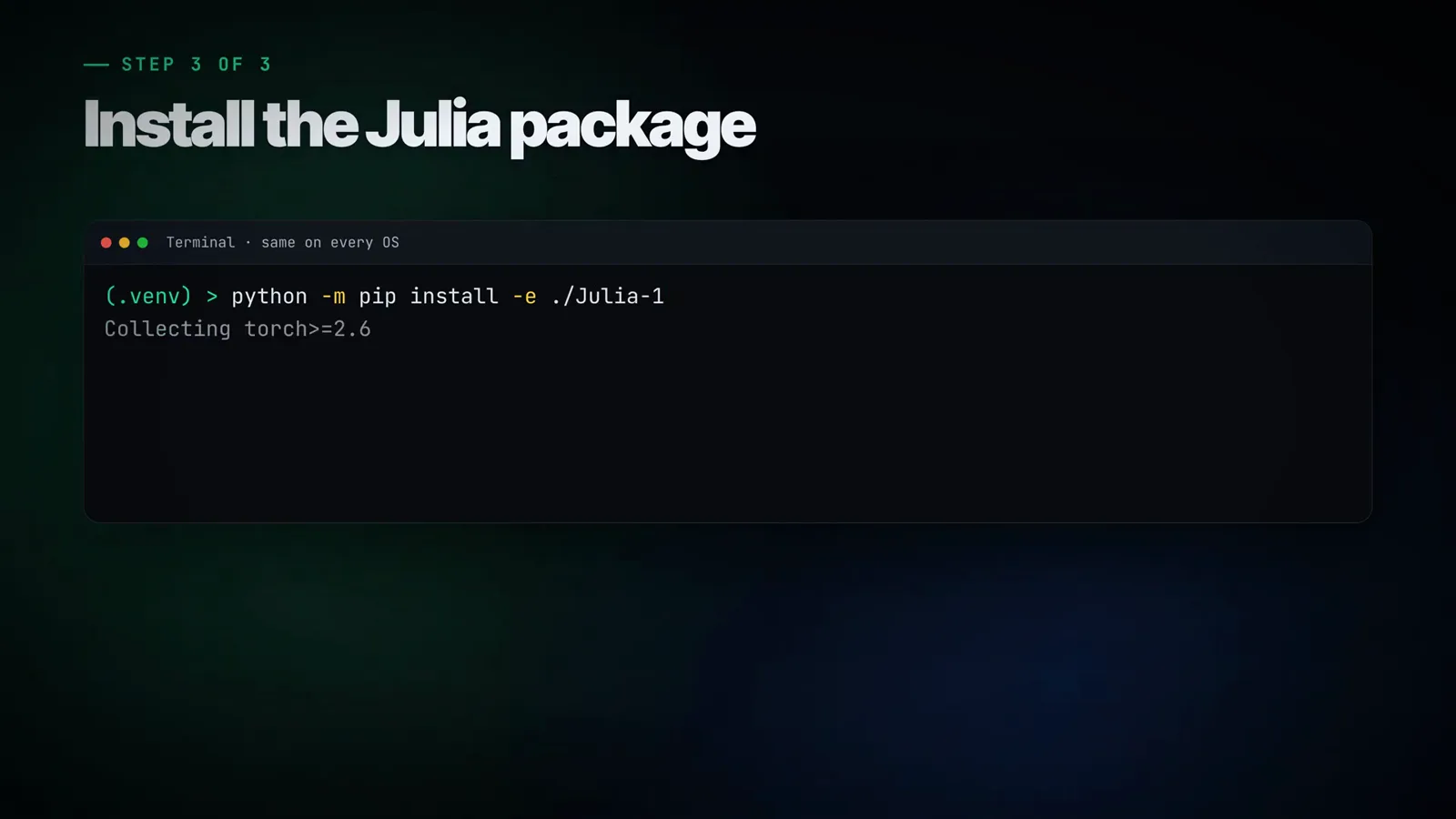 Install card running python -m pip install -e ./Julia-1 in an active virtualenv with pip collecting torch for the Julia-1 Python package