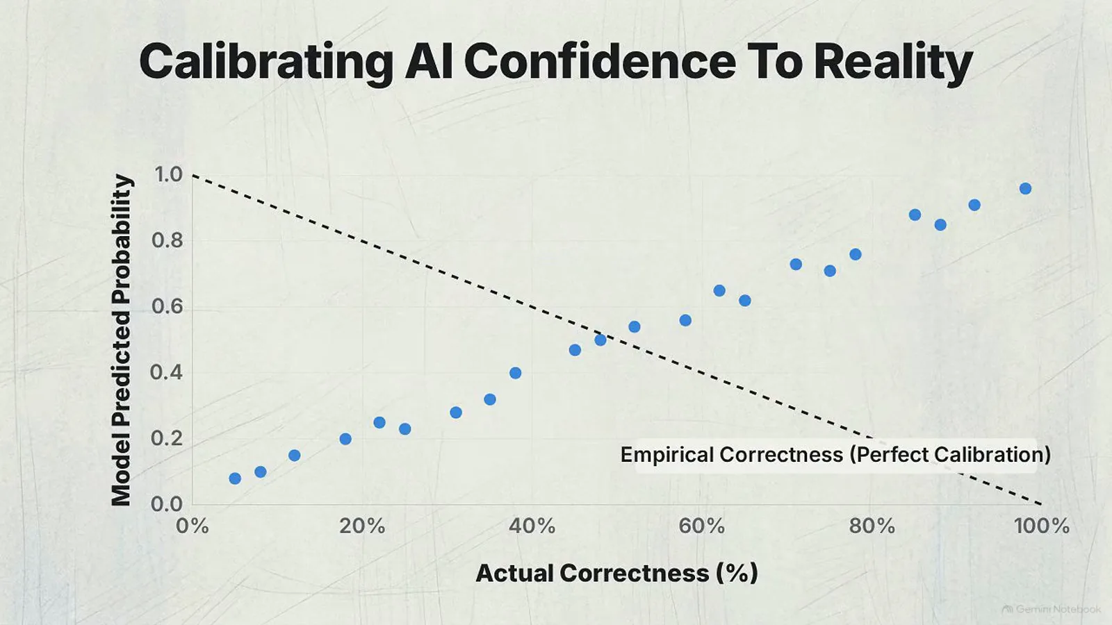 Calibrating AI Confidence To Reality reliability diagram plotting Laya model predicted probability against actual correctness with the perfect calibration diagonal.