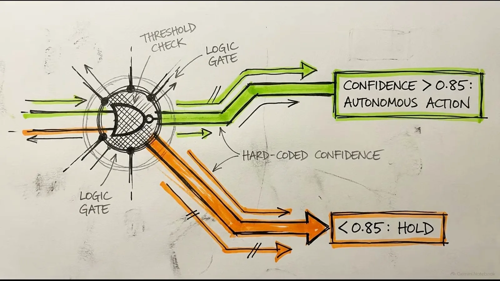 Laya threshold check flowchart sending confidence above 0.85 to autonomous action and below 0.85 to hold, with logic gates around a hard-coded confidence cutoff.