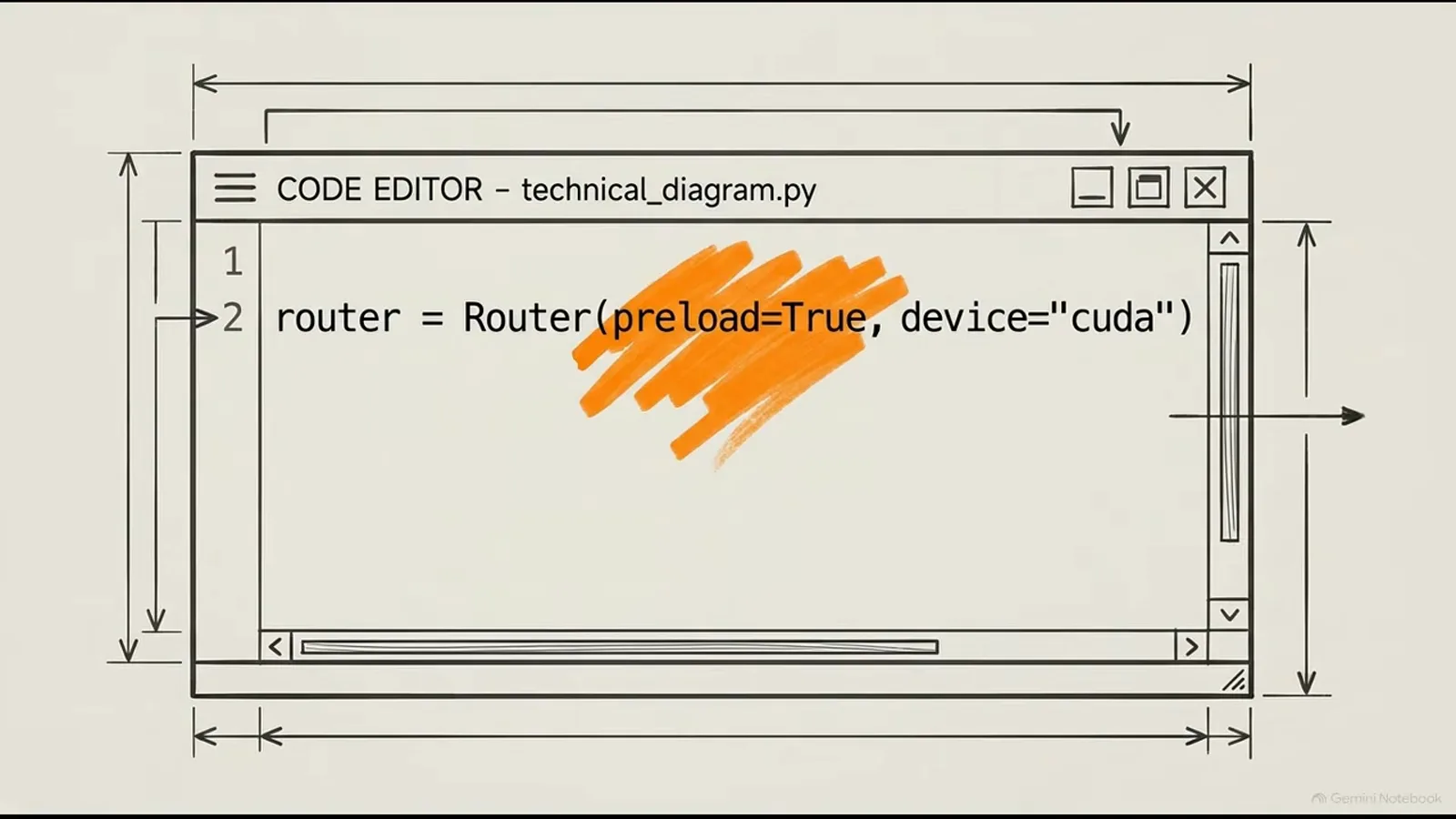 Python code editor showing router = Router(preload=True, device="cuda") in technical_diagram.py to pin both Laya checkpoints into GPU memory.