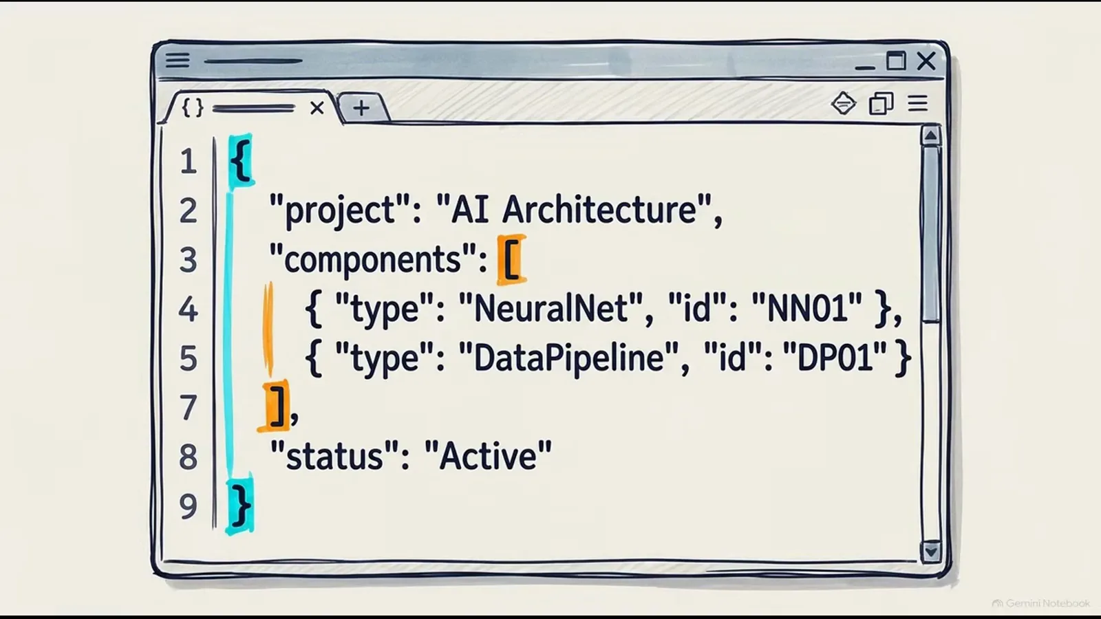 Sketch of a Laya state document in a code editor holding JSON with project, components, and status fields, kept separate from the structured question scheme.