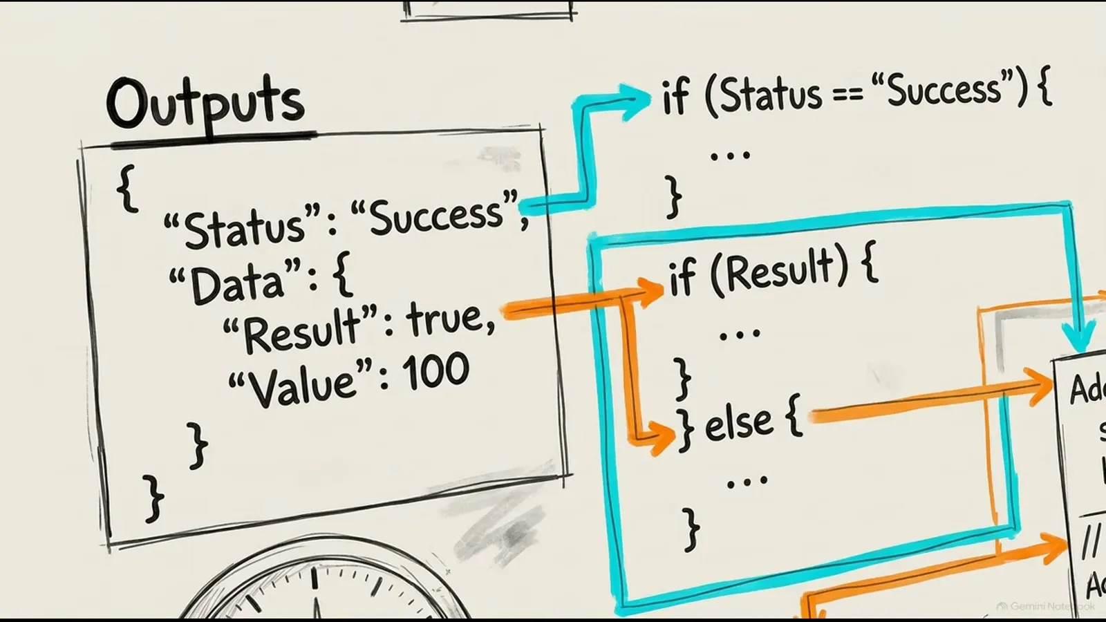 Laya Outputs panel sketch mapping a typed JSON decision with Status Success, Result true, and Value 100 directly into if and else code branches.
