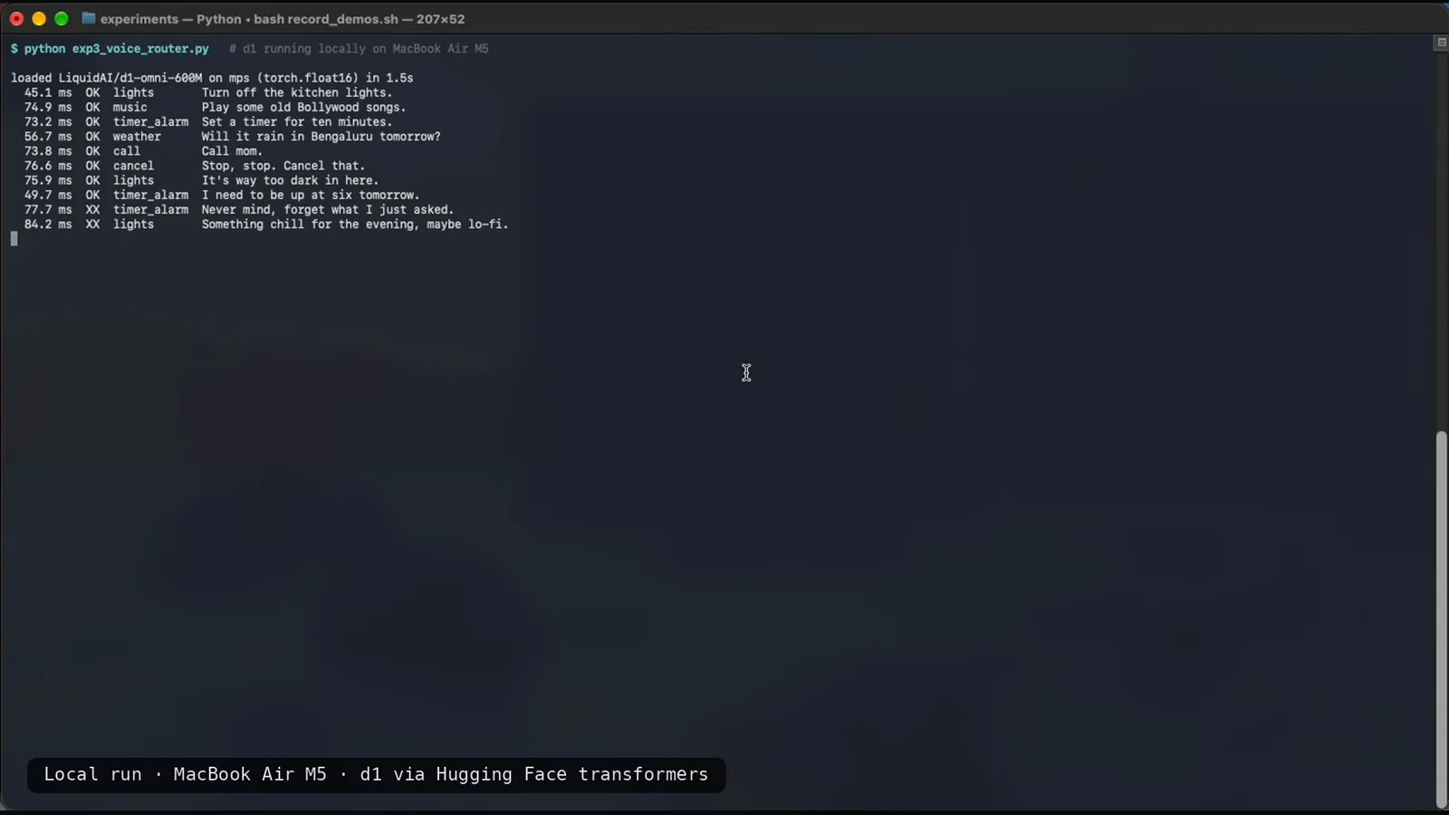 Terminal log of the d1-omni-600M voice command router matching eight of ten spoken clips to lights, music, timer alarm, weather, call and cancel, with the two misses on the never-mind and lo-fi requests at latencies between 45 and 84 milliseconds.
