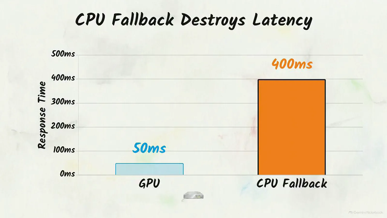 NanoJev latency chart titled CPU Fallback Destroys Latency comparing a 50 ms GPU bar against a 400 ms CPU fallback bar NanoJev latency chart titled CPU Fallback Destroys Latency comparing a 50 ms GPU bar against a 400 ms CPU fallback bar