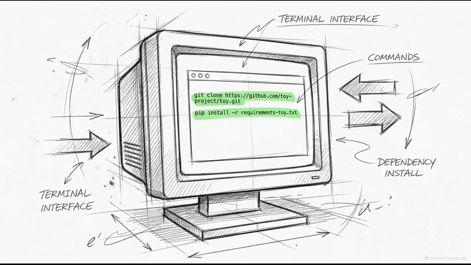 Sketch of a terminal installing NanoJev with git clone and pip install -r requirements-toy.txt annotated as a dependency install Sketch of a terminal installing NanoJev with git clone and pip install -r requirements-toy.txt annotated as a dependency install