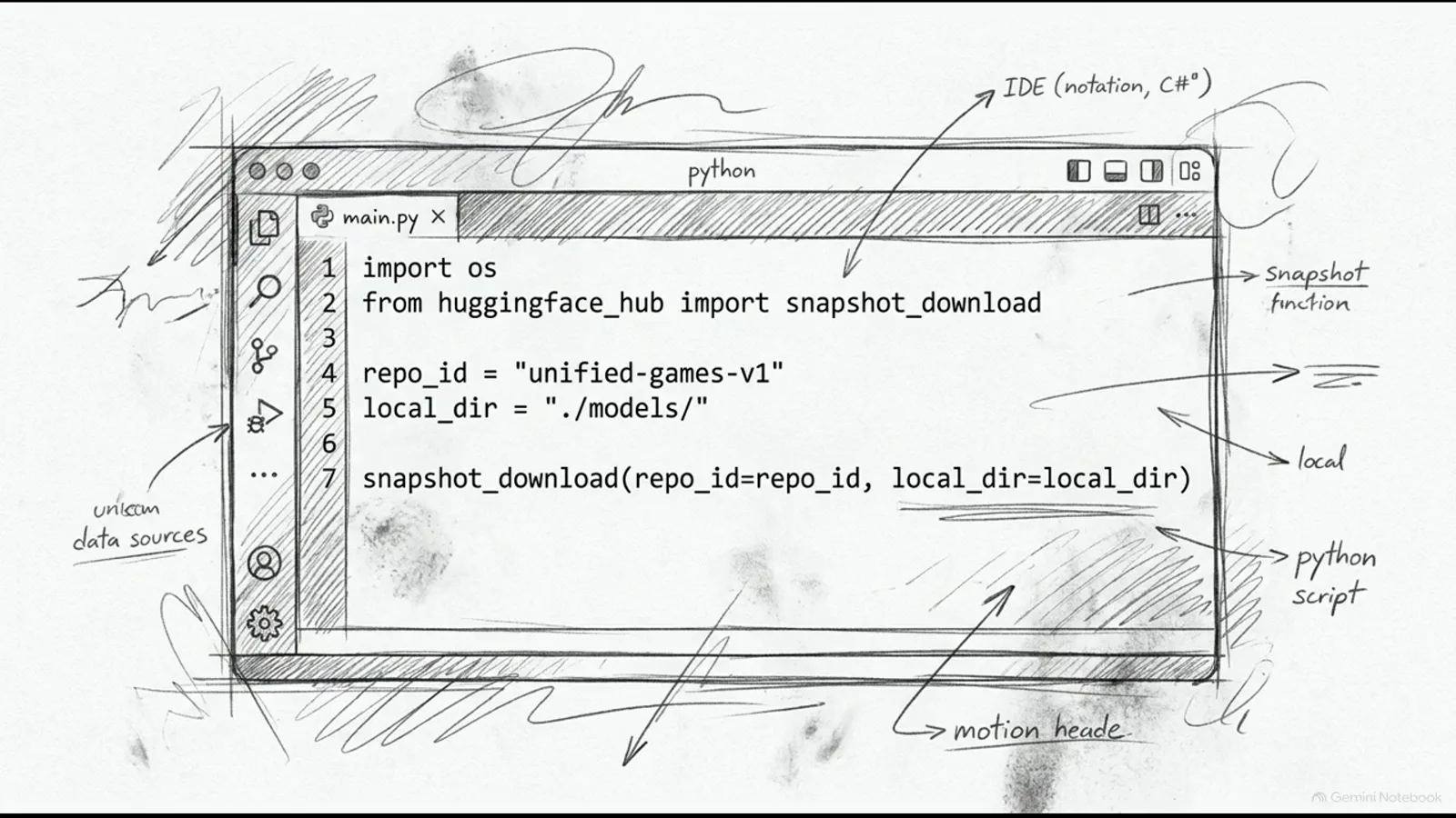 Python editor card showing snapshot_download configured for the unified-games-v1 checkpoint with a local_dir pointing at the models directory Python editor card showing snapshot_download configured for the unified-games-v1 checkpoint with a local_dir pointing at the models directory