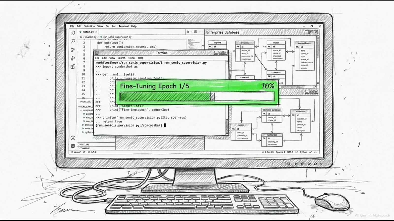 Illustrated monitor running a NanoJev supervised fine-tuning job showing a Fine-Tuning Epoch 1 of 5 progress bar at 10 percent Illustrated monitor running a NanoJev supervised fine-tuning job showing a Fine-Tuning Epoch 1 of 5 progress bar at 10 percent