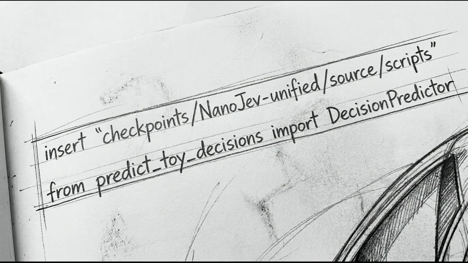 Handwritten NanoJev setup card inserting the checkpoints NanoJev-unified scripts path and importing DecisionPredictor from predict_toy_decisions Handwritten NanoJev setup card inserting the checkpoints NanoJev-unified scripts path and importing DecisionPredictor from predict_toy_decisions