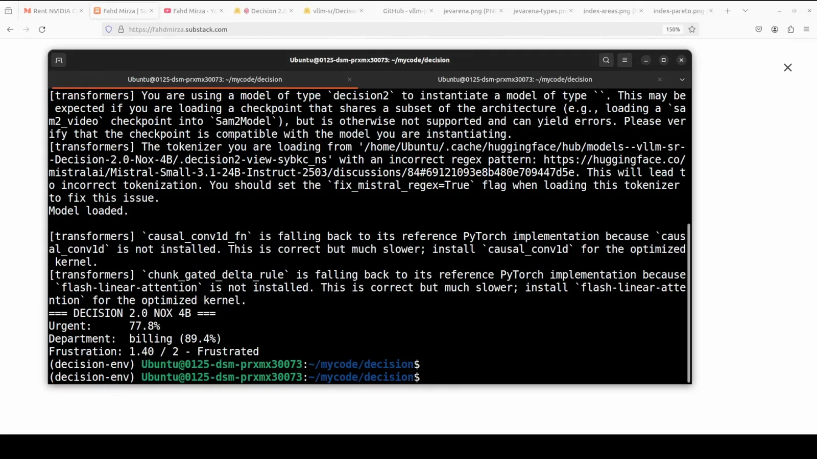 Terminal output of the angry customer test where Decision 2.0 Nox 4B returns urgent 77.8 percent, department billing 89.4 percent and frustration 1.40 of 2 Frustrated