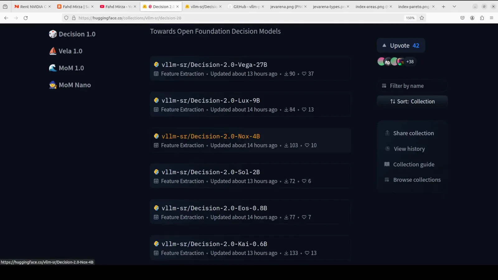 Hugging Face collection page for the Decision 2.0 family listing six vllm-sr decision models from Kai 0.6B to Vega 27B with the Nox 4B entry highlighted