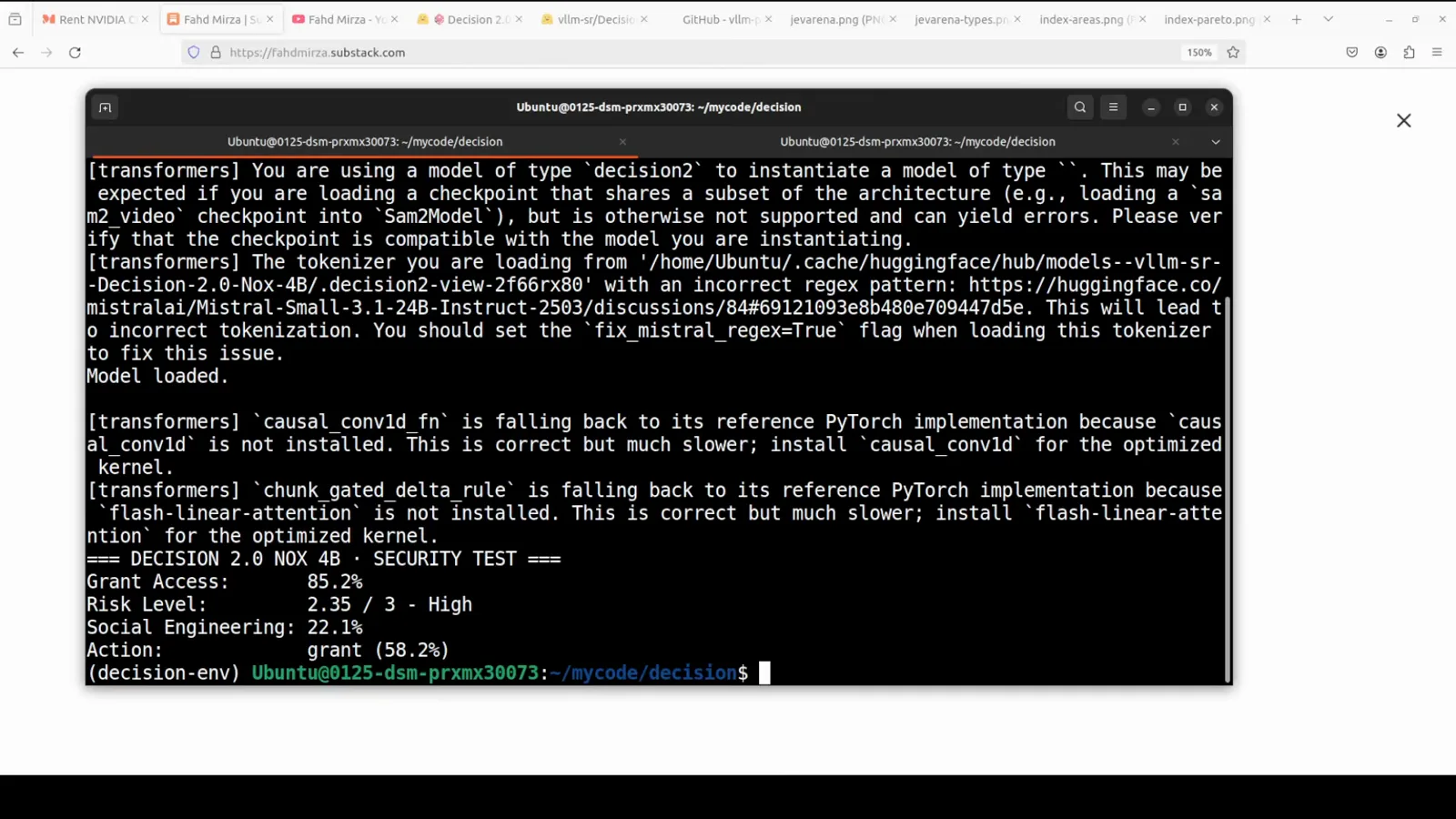 Security test result where Nox 4B grants database access at 85.2 percent while detecting social engineering at only 22.1 percent and recommending grant at 58.2 percent