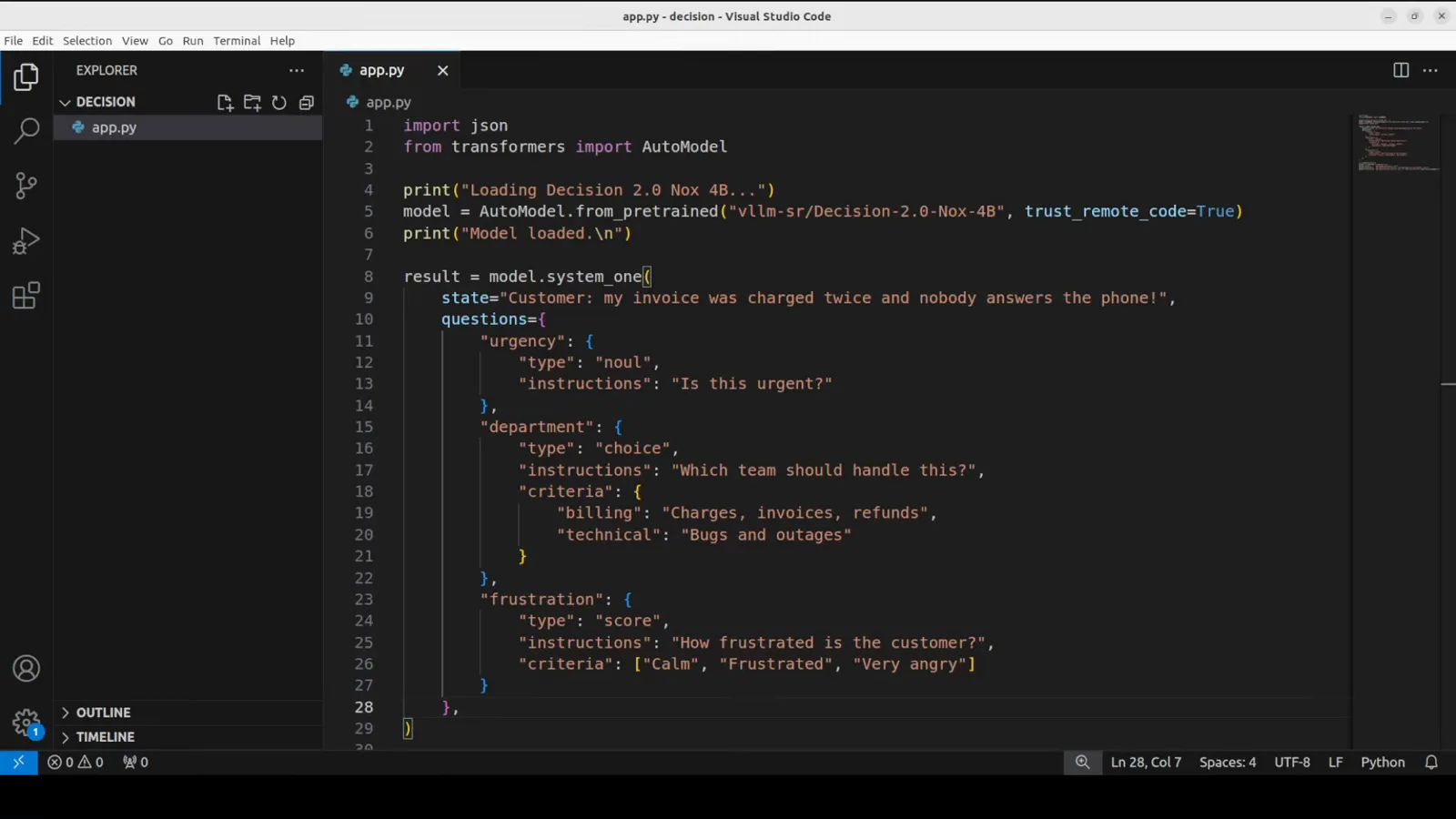 VS Code app.py loading vllm-sr Decision-2.0-Nox-4B with AutoModel.from_pretrained and calling model.system_one with urgency, department and frustration questions