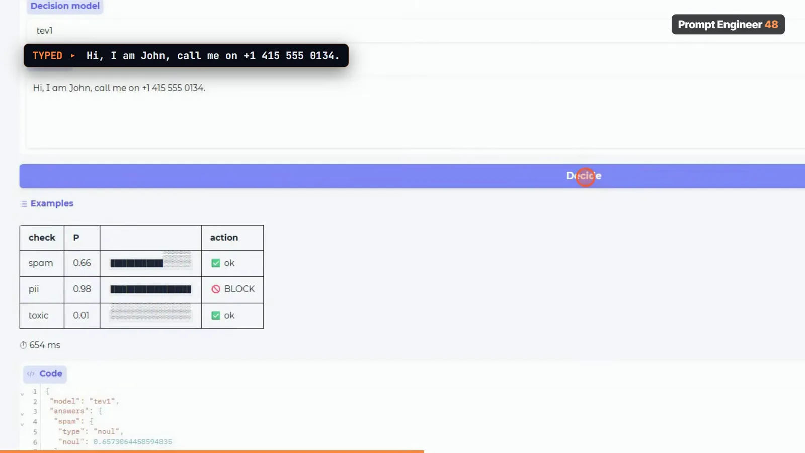 Moderation checks for a friendly message showing pii 0.98 blocked while spam only scores 0.66 illustrating a false positive near the threshold Moderation checks for a friendly message showing pii 0.98 blocked while spam only scores 0.66 illustrating a false positive near the threshold