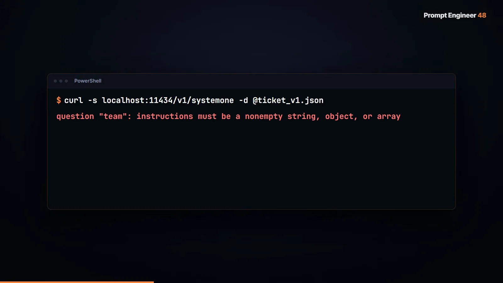 Terminal showing curl to localhost 11434 v1 systemone returning the error question team instructions must be a nonempty string object or array Terminal showing curl to localhost 11434 v1 systemone returning the error question team instructions must be a nonempty string object or array