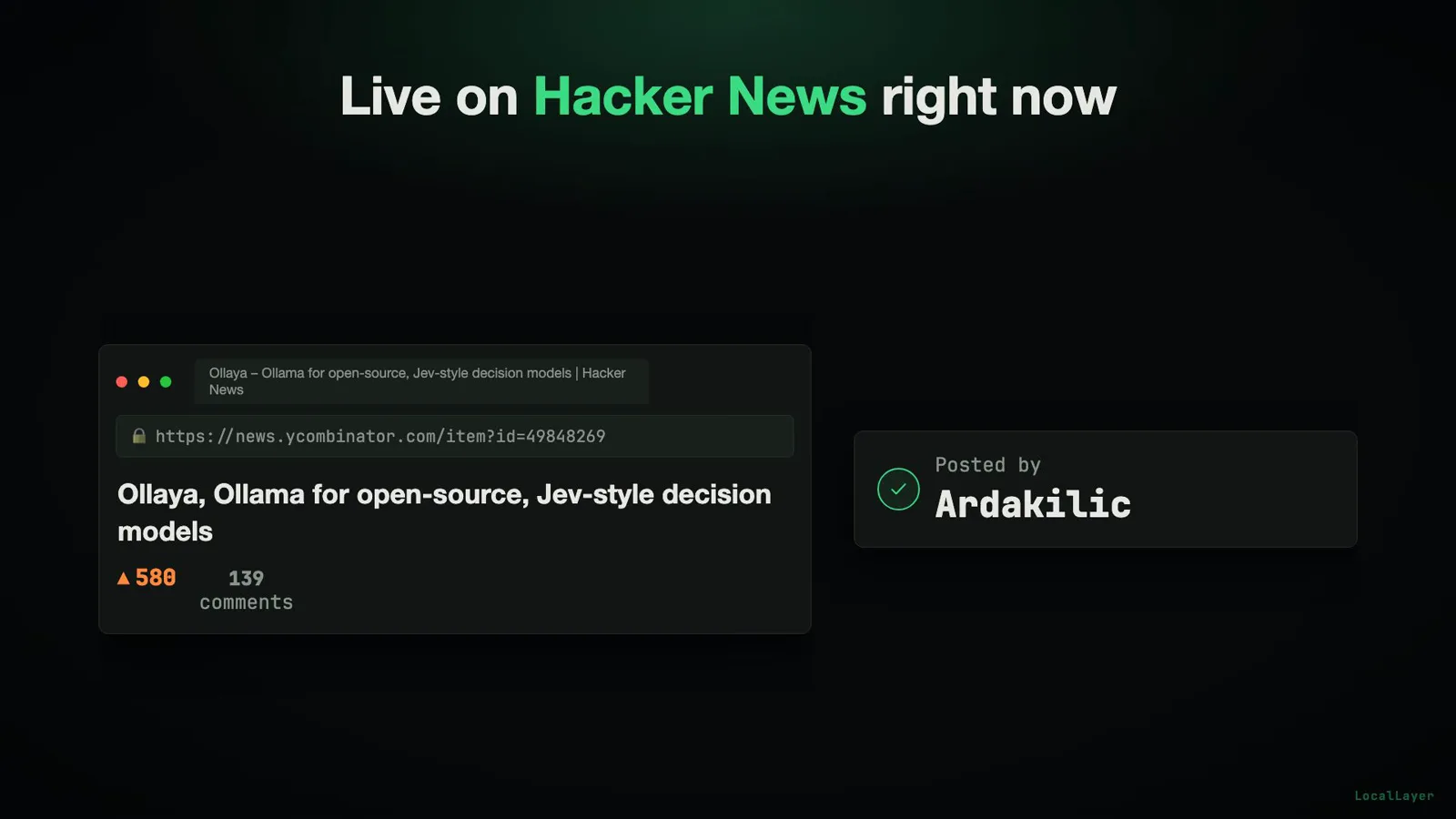 Ollaya Hacker News browser card Live on Hacker News right now with item 49848269 climbing past 580 points at 139 comments, credited to submitter Ardakilic. Ollaya Hacker News browser card Live on Hacker News right now with item 49848269 climbing past 580 points at 139 comments, credited to submitter Ardakilic.