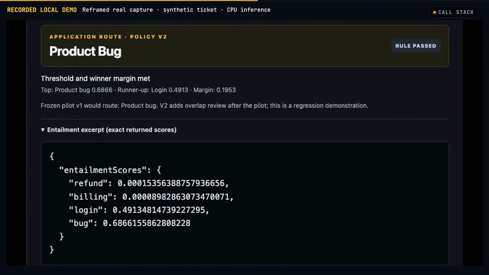 Product Bug route card with the entailment scores JSON where bug 0.6866 beats login 0.4913 on the expired password reset ticket under rule passed