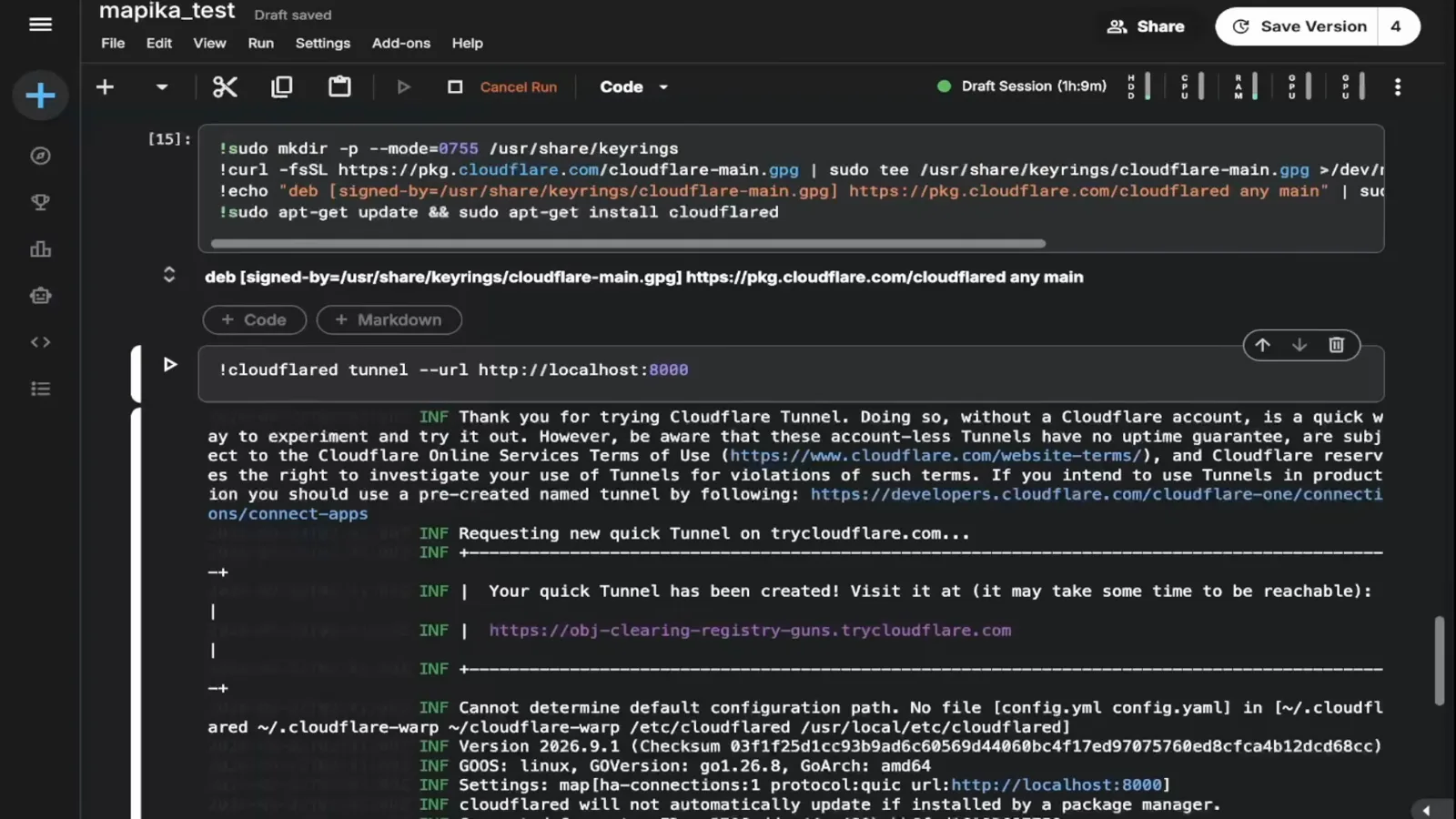 Kaggle notebook installing cloudflared and starting a quick tunnel that exposes the locally served decoder at a trycloudflare.com URL